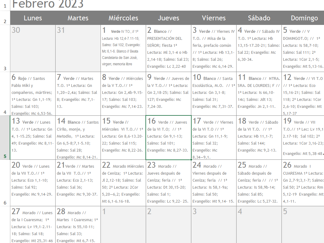 Calendario Litúrgico del Mes de Febrero de 2024 para imprimir Camino