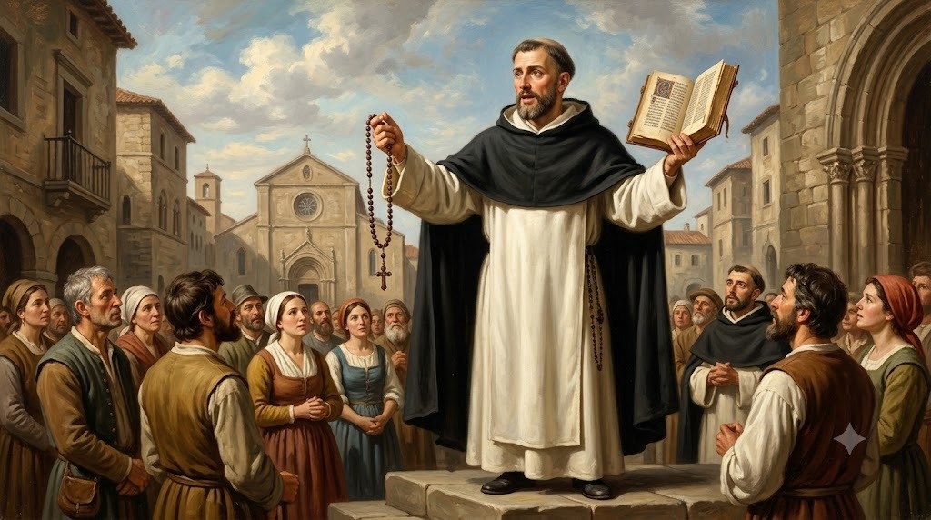 Retrato de Santo Domingo de Guzmán predicando la verdad del Evangelio y sosteniendo el Santo Rosario.