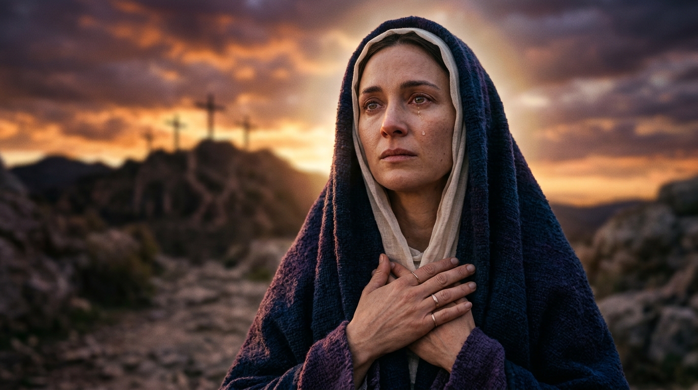 Nuestra Señora de los Dolores (Mater Dolorosa) al pie de la Cruz en profunda oración
