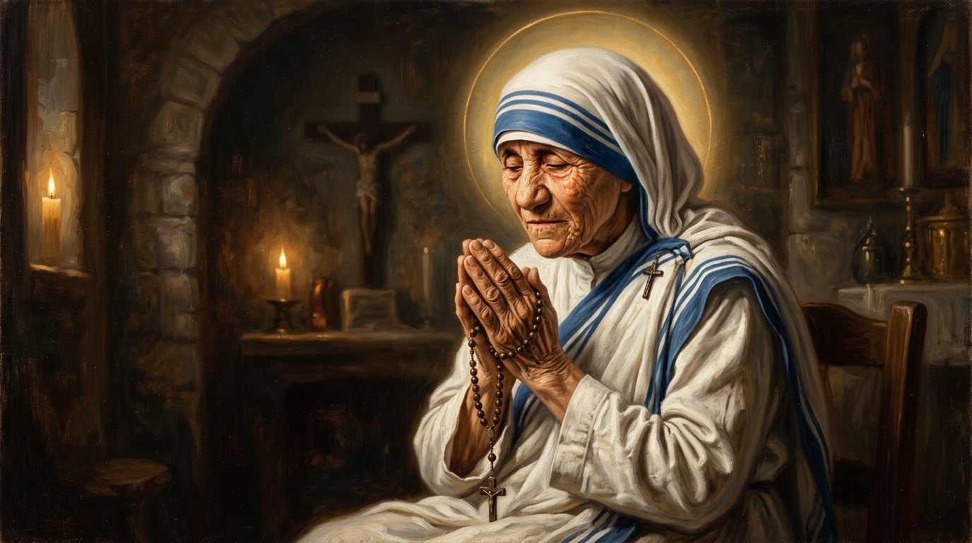 Santa Teresa de Calcuta orando con el Santo Rosario