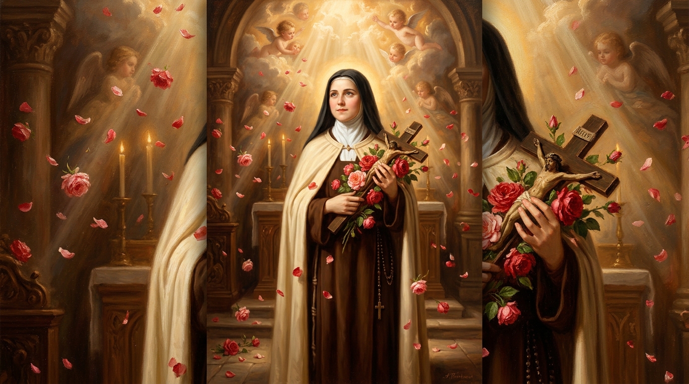 Santa Teresita del Niño Jesús con crucifijo y rosas, carmelita descalza y Doctora de la Iglesia