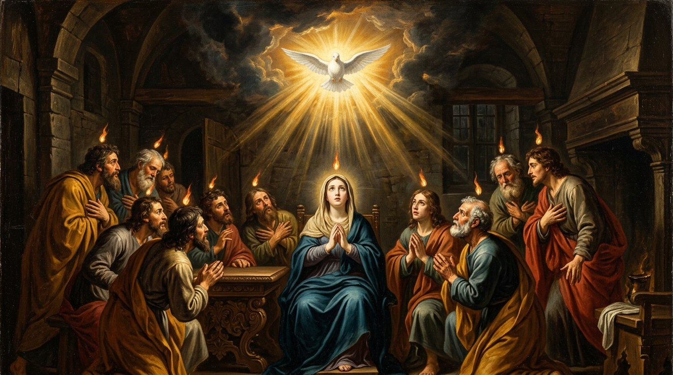 Oración al Espíritu Santo, Pentecostés con la Virgen María y Apóstoles