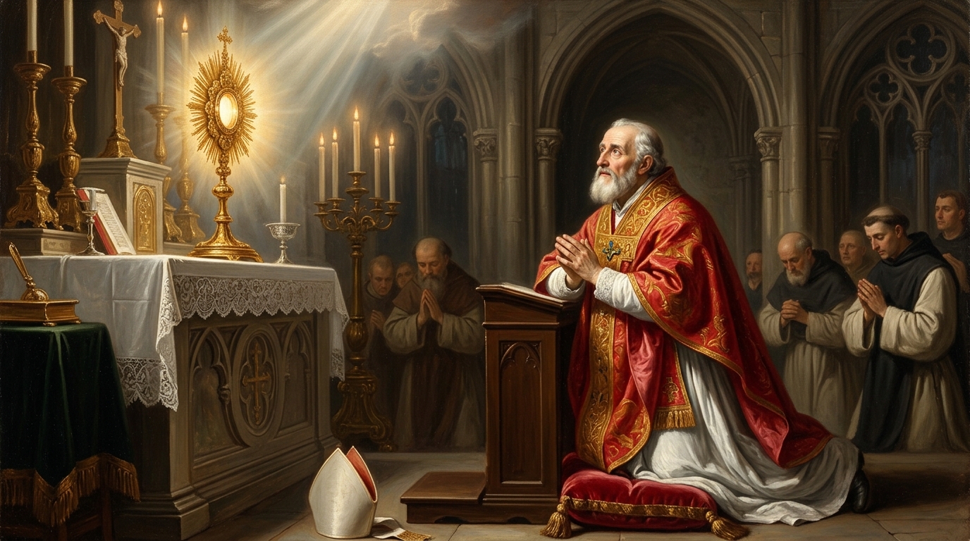 Obispo católico orando ante el Santísimo Sacramento con luz del Espíritu Santo