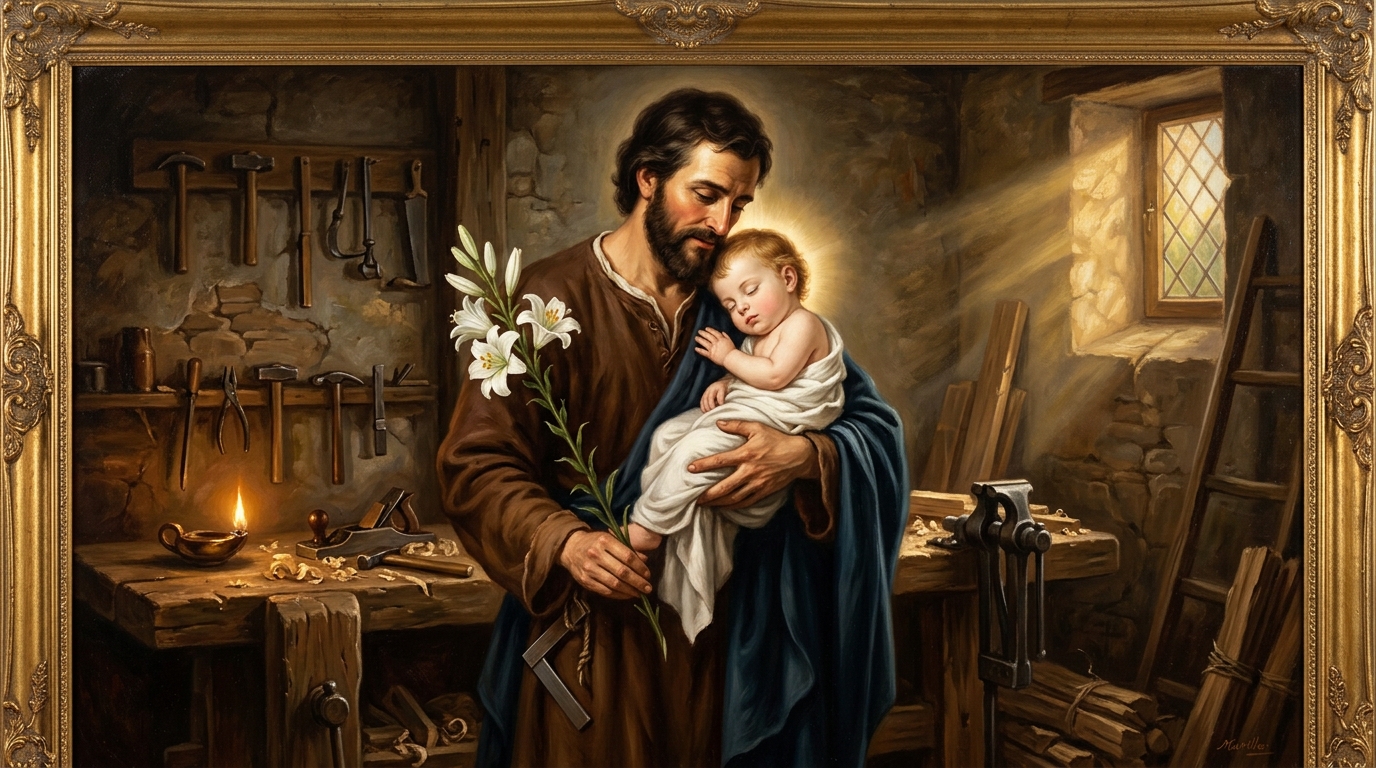 San José sosteniendo al Niño Jesús con lirios blancos en el taller de Nazaret